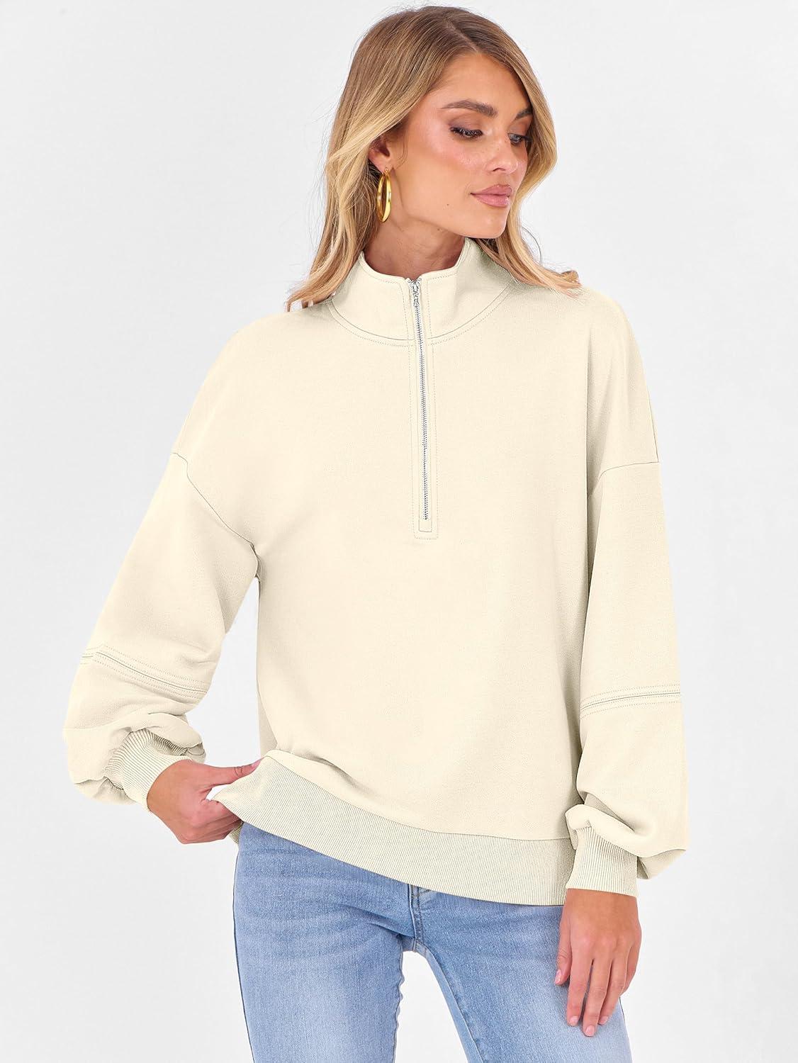 imageANRABESS Womens Oversized Sweatshirts Quarter Zip Long Sleeve Comfy Casual Boxy Pullover Tops 2025 Fall Trendy Y2K OutfitsAlmond