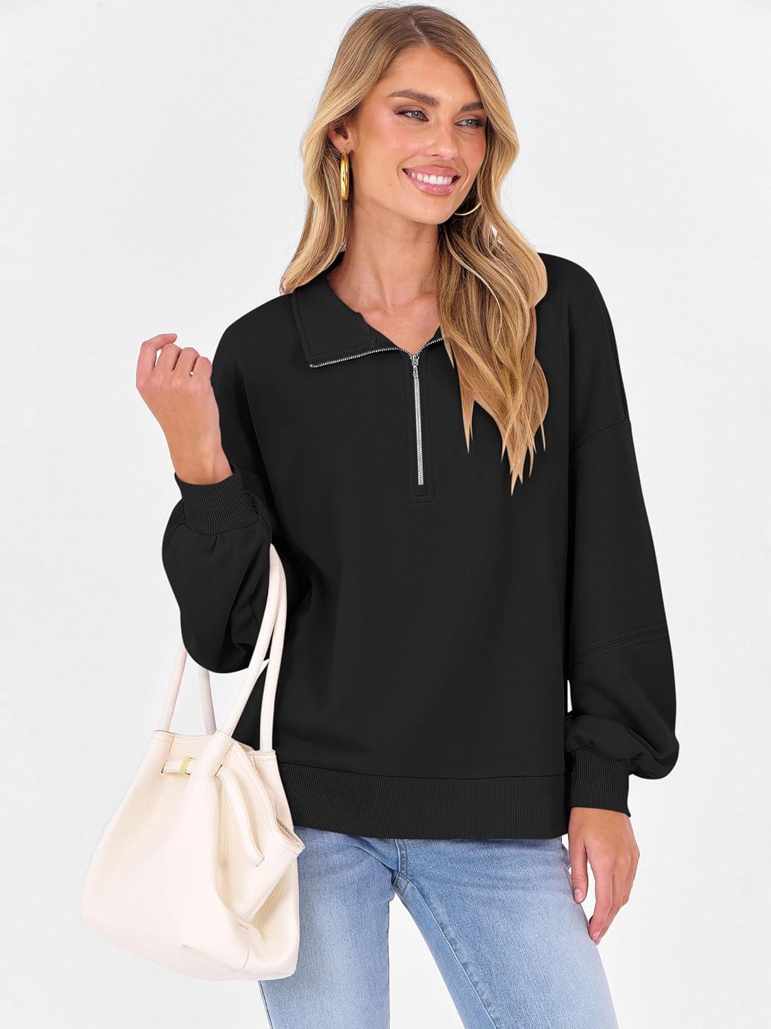 imageANRABESS Womens Oversized Sweatshirts Quarter Zip Long Sleeve Comfy Casual Boxy Pullover Tops 2025 Fall Trendy Y2K OutfitsBlack