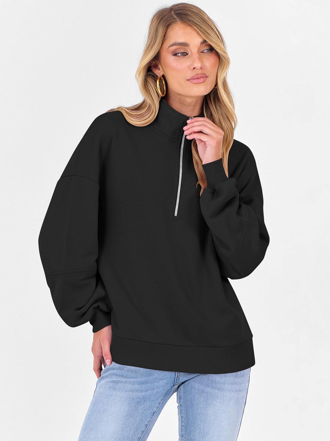 imageANRABESS Womens Oversized Sweatshirts Quarter Zip Long Sleeve Comfy Casual Boxy Pullover Tops 2025 Fall Trendy Y2K OutfitsBlack