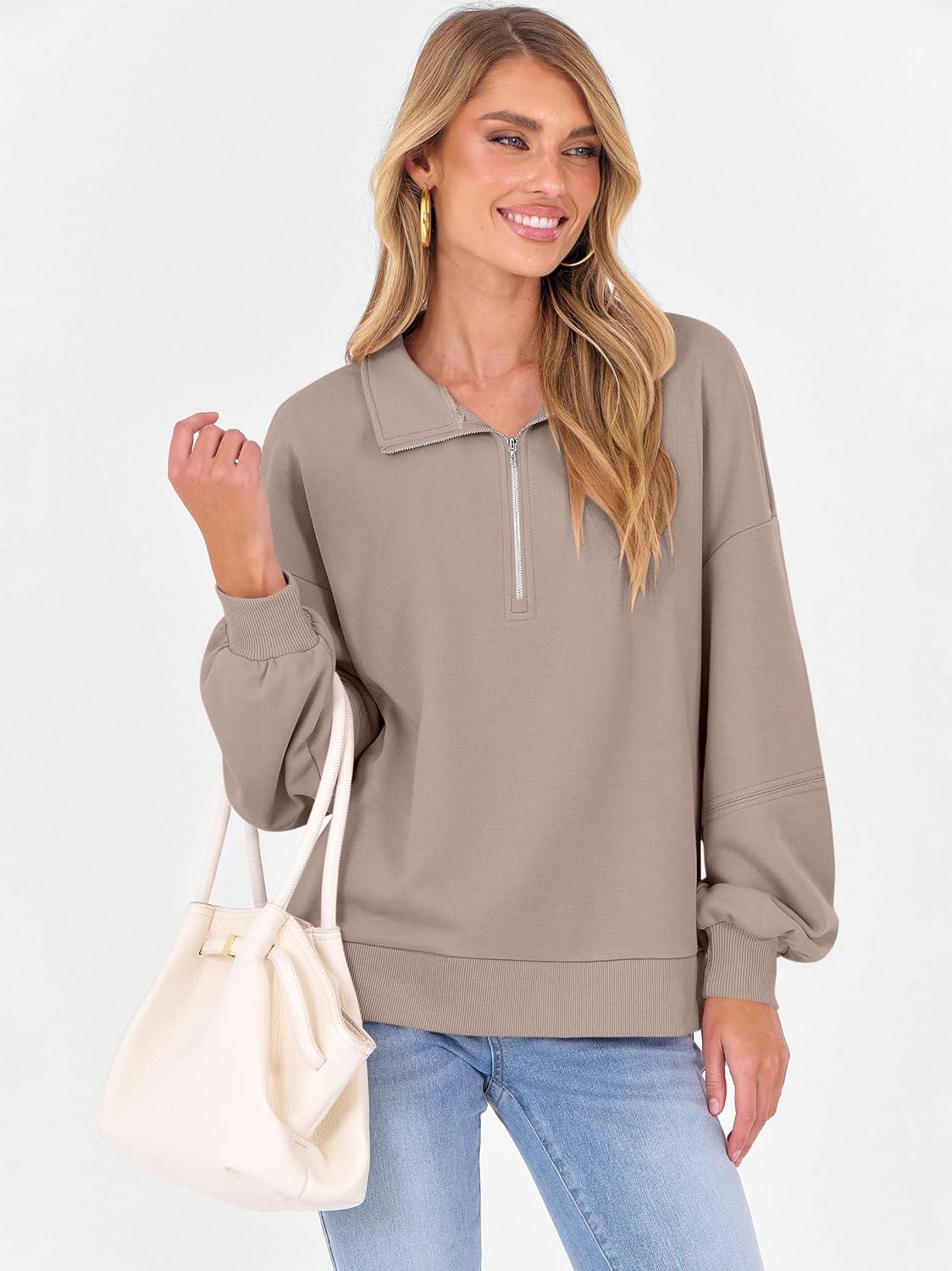 imageANRABESS Womens Oversized Sweatshirts Quarter Zip Long Sleeve Comfy Casual Boxy Pullover Tops 2025 Fall Trendy Y2K OutfitsKhaki