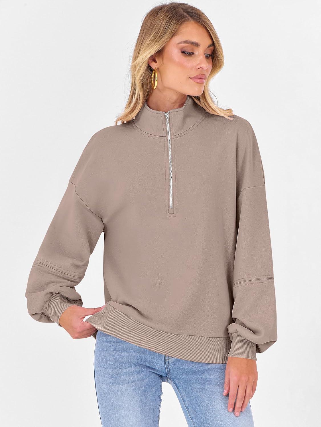 imageANRABESS Womens Oversized Sweatshirts Quarter Zip Long Sleeve Comfy Casual Boxy Pullover Tops 2025 Fall Trendy Y2K OutfitsKhaki