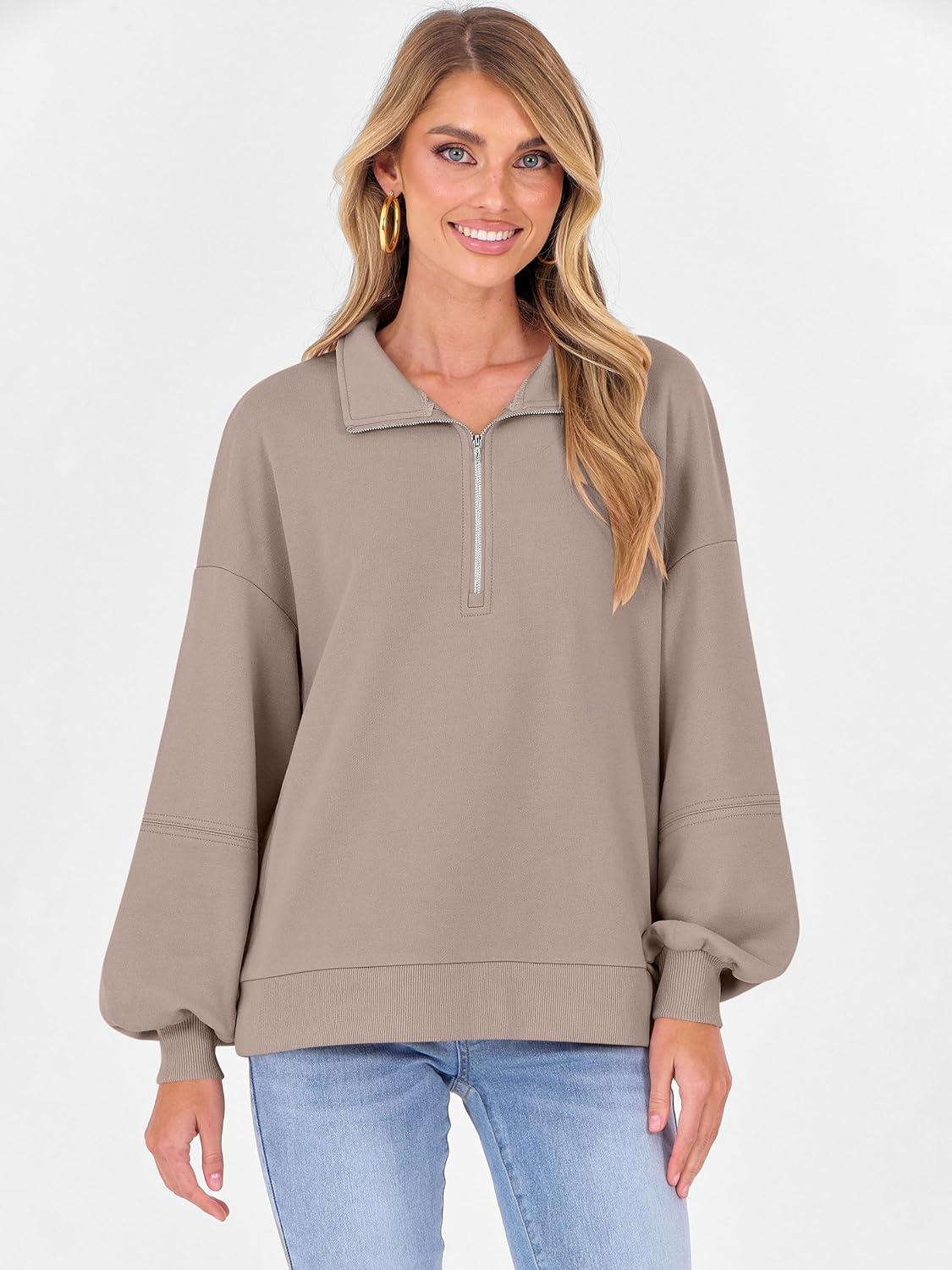 imageANRABESS Womens Oversized Sweatshirts Quarter Zip Long Sleeve Comfy Casual Boxy Pullover Tops 2025 Fall Trendy Y2K OutfitsKhaki