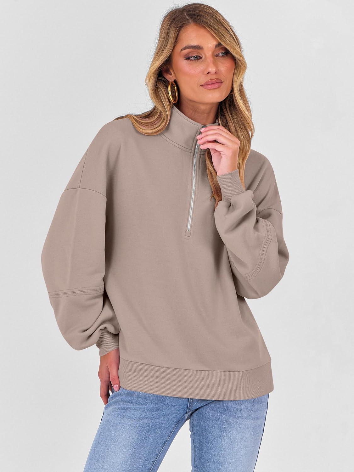imageANRABESS Womens Oversized Sweatshirts Quarter Zip Long Sleeve Comfy Casual Boxy Pullover Tops 2025 Fall Trendy Y2K OutfitsKhaki