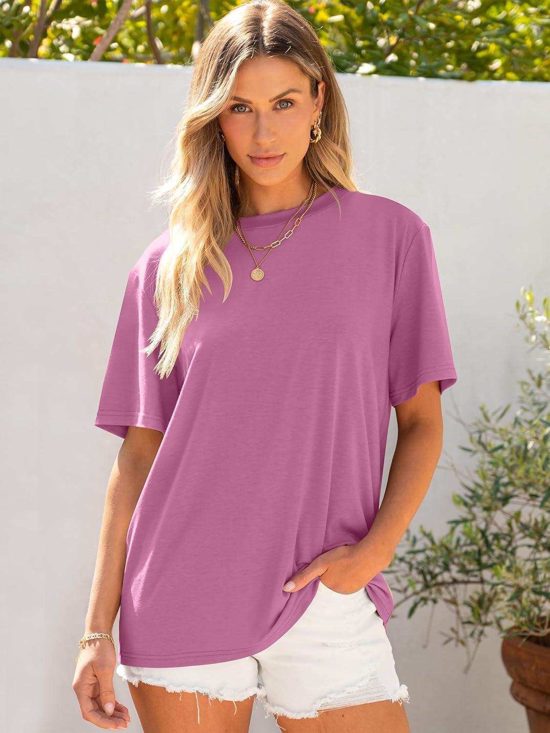 imageANRABESS Womens Oversized T Shirts Short Sleeve Crewneck Tops Casual Loose Basic Tee Shirts 2025 Summer Trendy OutfitsDark Pink