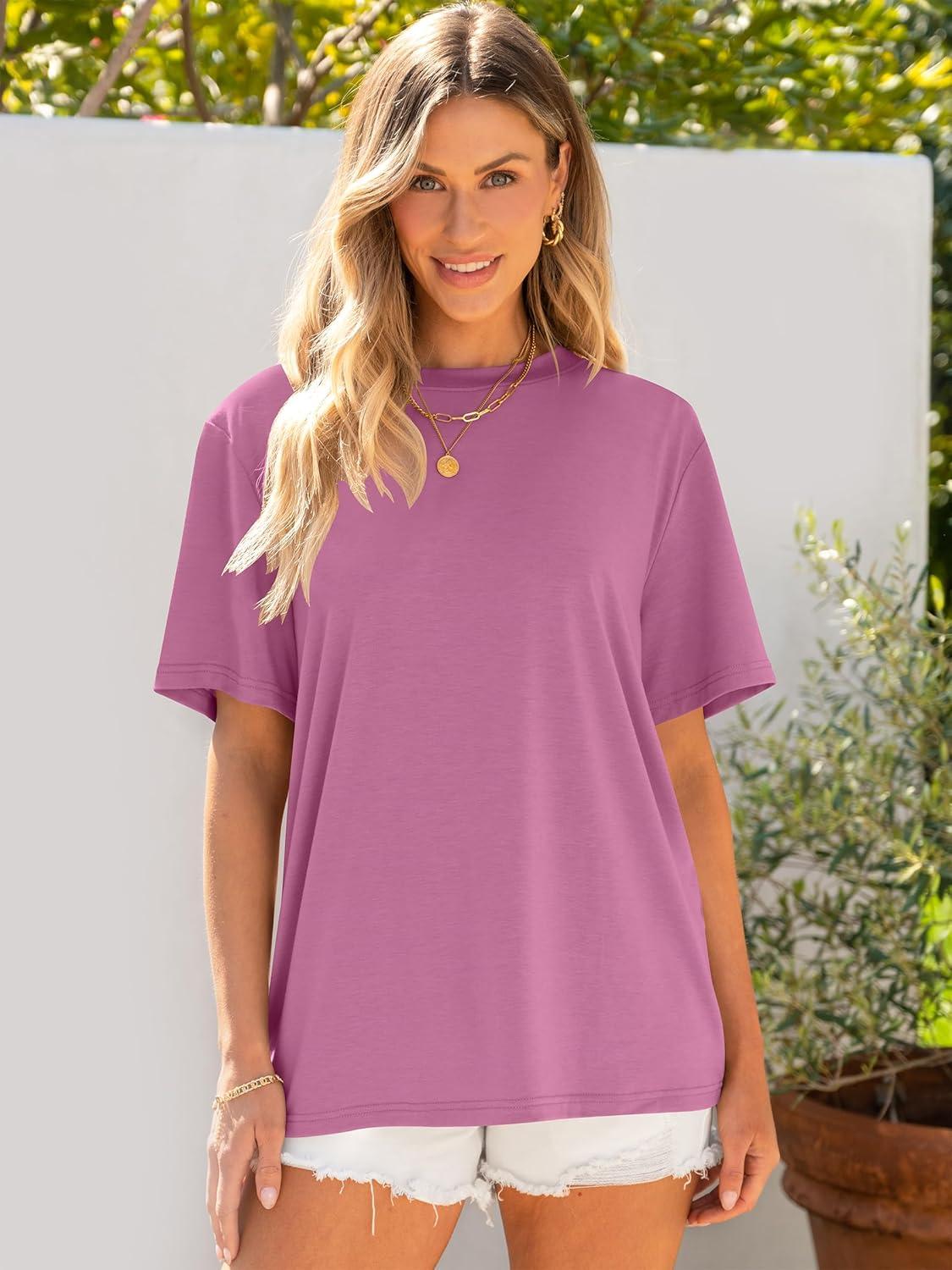 imageANRABESS Womens Oversized T Shirts Short Sleeve Crewneck Tops Casual Loose Basic Tee Shirts 2025 Summer Trendy OutfitsDark Pink