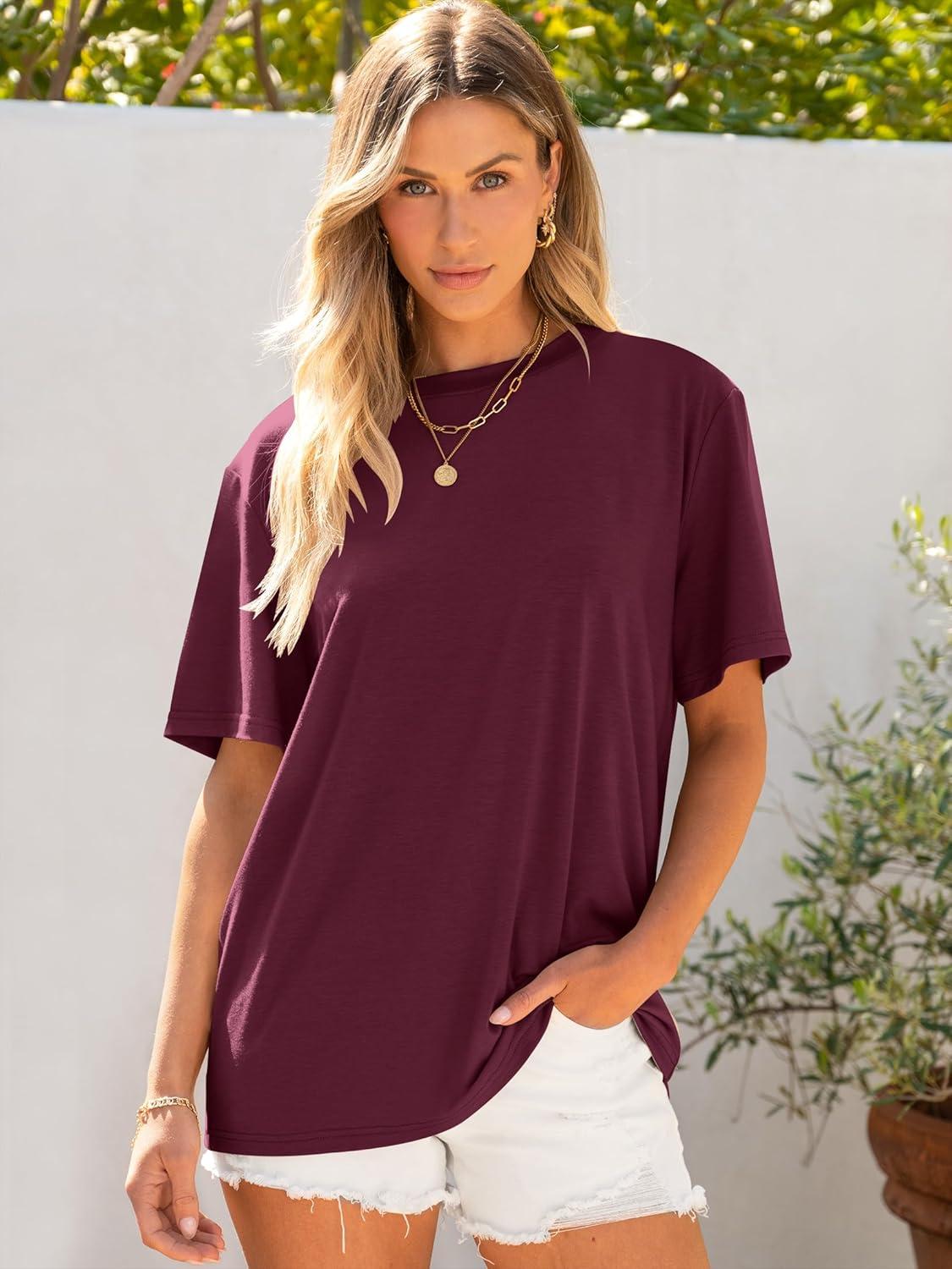 imageANRABESS Womens Oversized T Shirts Short Sleeve Crewneck Tops Casual Loose Basic Tee Shirts 2025 Summer Trendy OutfitsDark Red