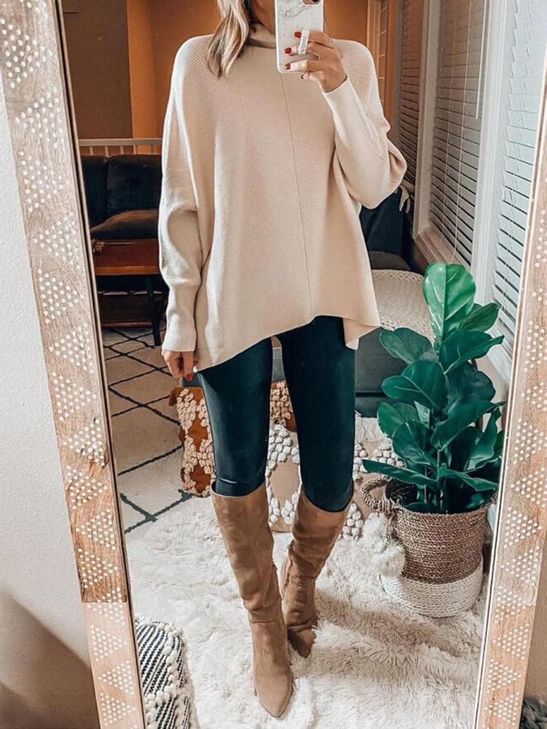 imageANRABESS Womens Oversized Turtleneck Batwing Long Sleeve Casual Cozy Baggy Knit Pullover Tunic Sweater 2025 Fall OutfitsApricot