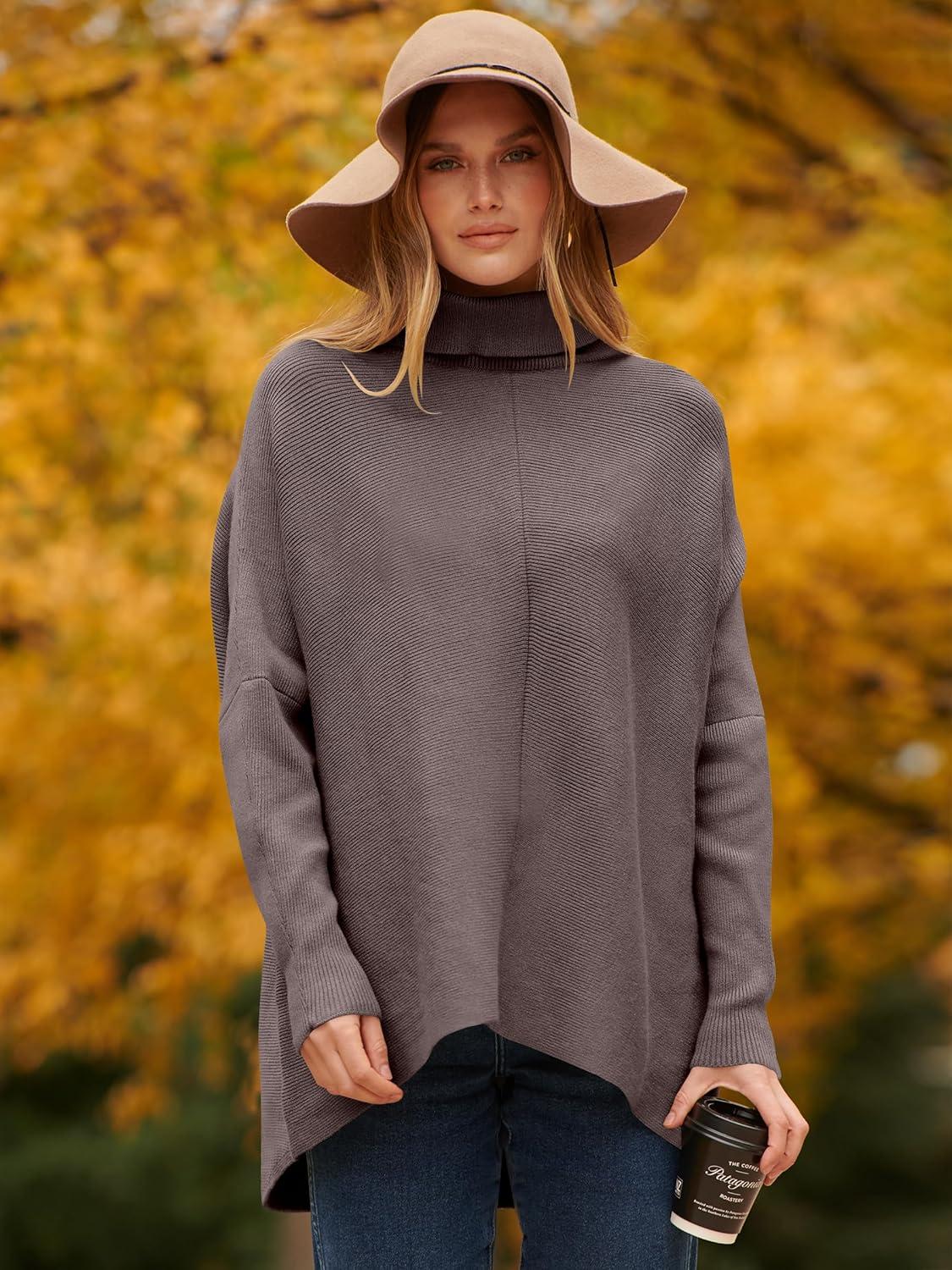 imageANRABESS Womens Oversized Turtleneck Batwing Long Sleeve Casual Cozy Baggy Knit Pullover Tunic Sweater 2025 Fall OutfitsBrown