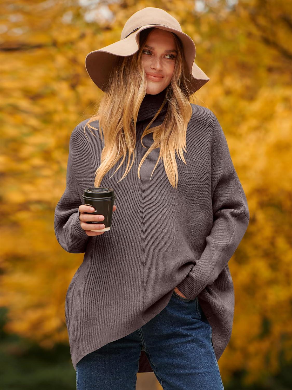 imageANRABESS Womens Oversized Turtleneck Batwing Long Sleeve Casual Cozy Baggy Knit Pullover Tunic Sweater 2025 Fall OutfitsBrown