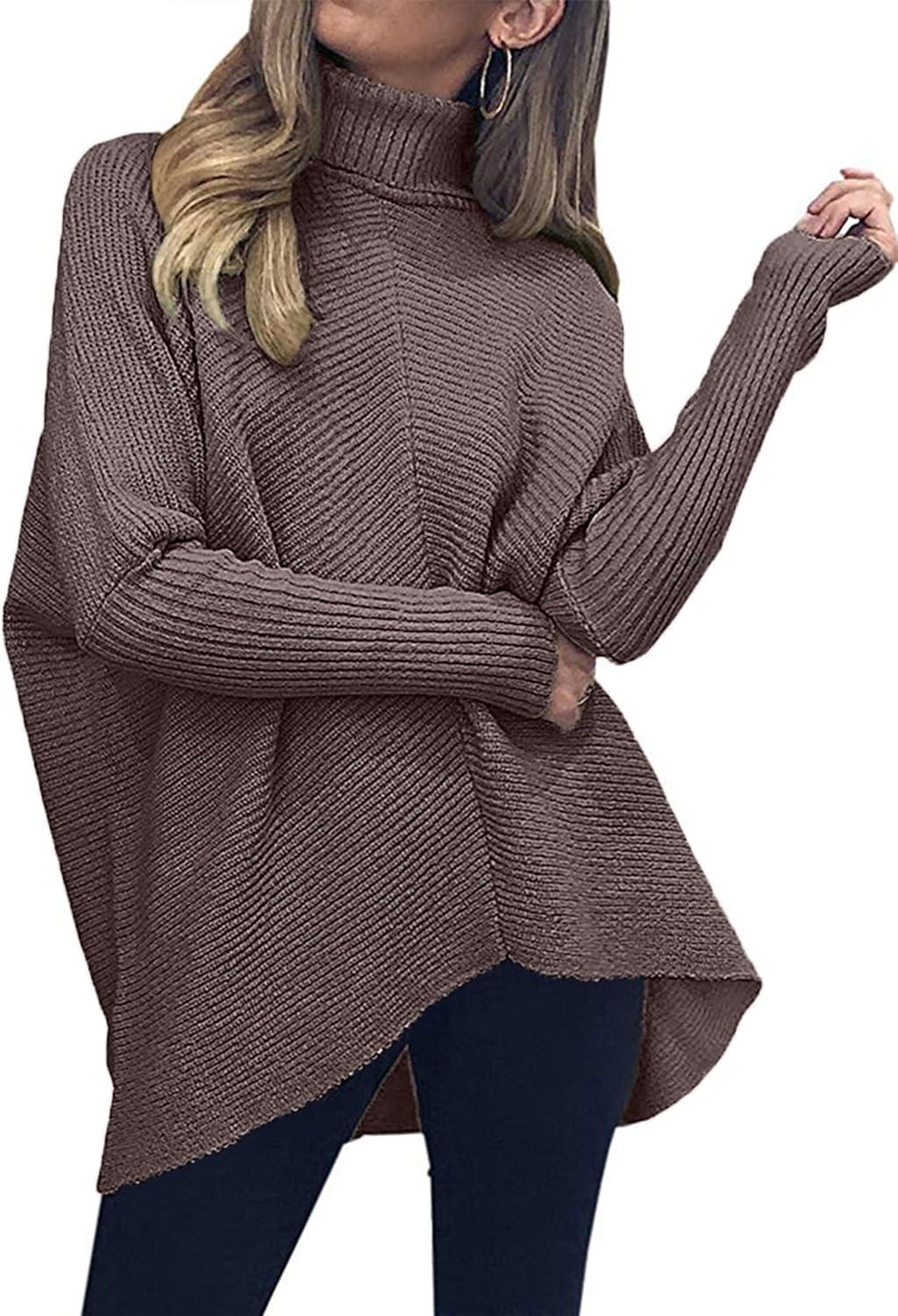 imageANRABESS Womens Oversized Turtleneck Batwing Long Sleeve Casual Cozy Baggy Knit Pullover Tunic Sweater 2025 Fall OutfitsBrown
