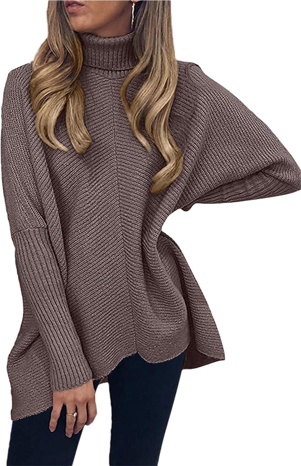 imageANRABESS Womens Oversized Turtleneck Batwing Long Sleeve Casual Cozy Baggy Knit Pullover Tunic Sweater 2025 Fall OutfitsBrown