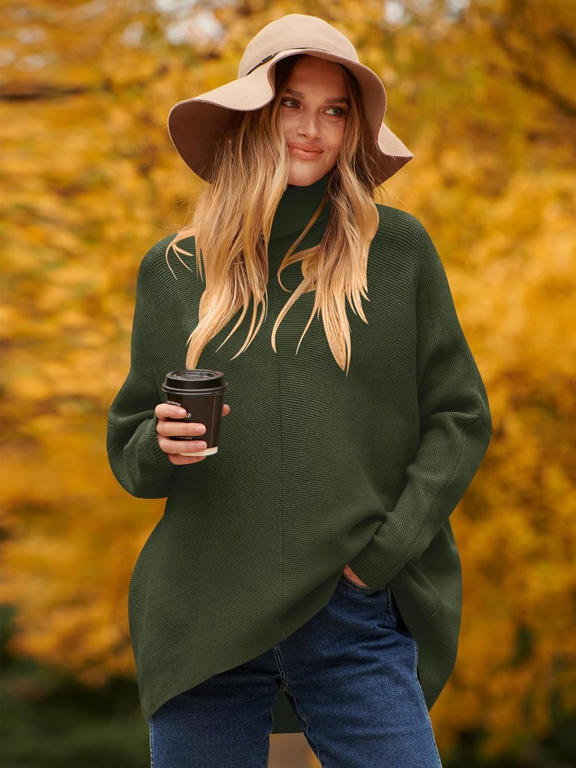 imageANRABESS Womens Oversized Turtleneck Batwing Long Sleeve Casual Cozy Baggy Knit Pullover Tunic Sweater 2025 Fall OutfitsDark Green