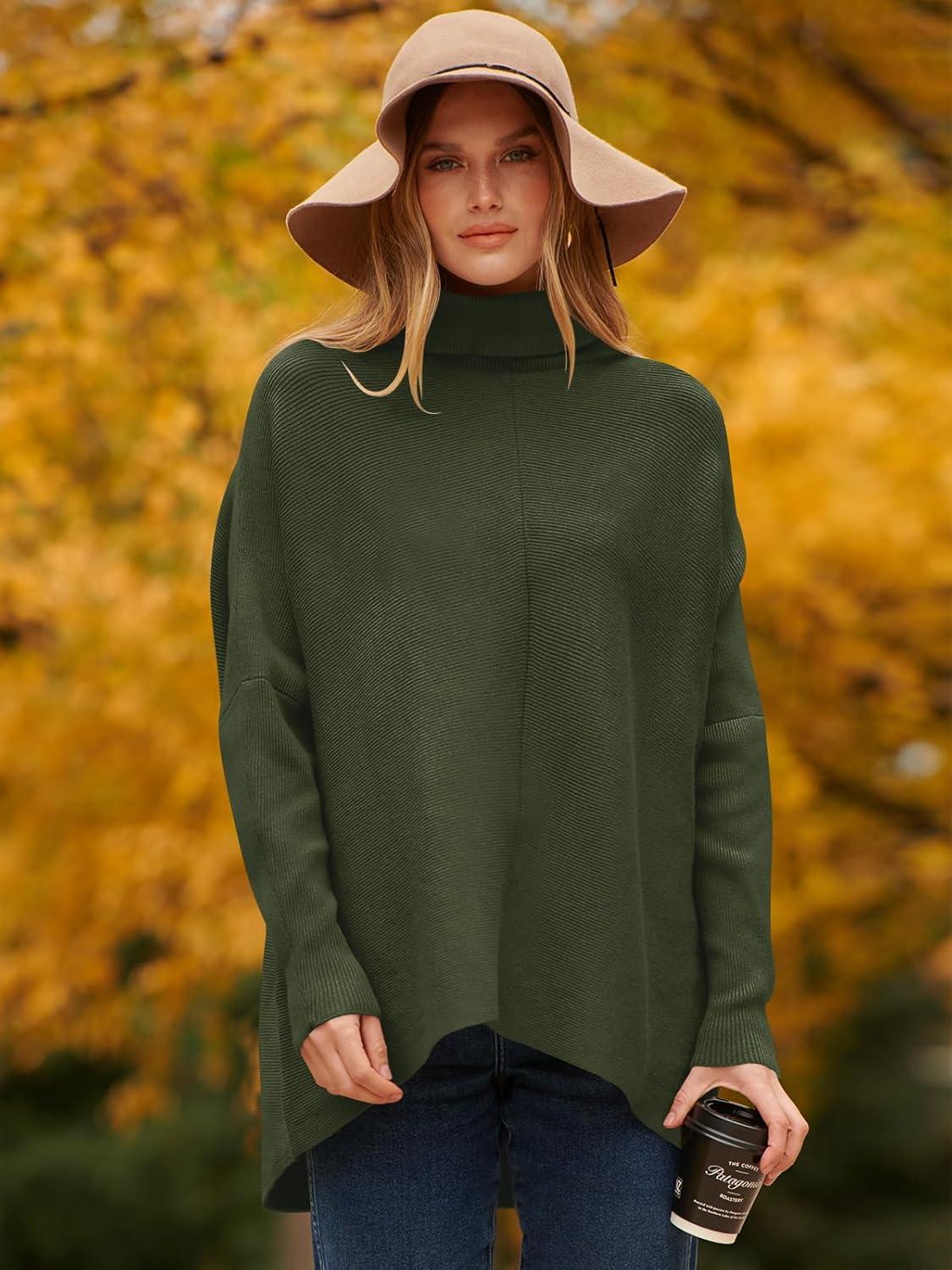 imageANRABESS Womens Oversized Turtleneck Batwing Long Sleeve Casual Cozy Baggy Knit Pullover Tunic Sweater 2025 Fall OutfitsDark Green