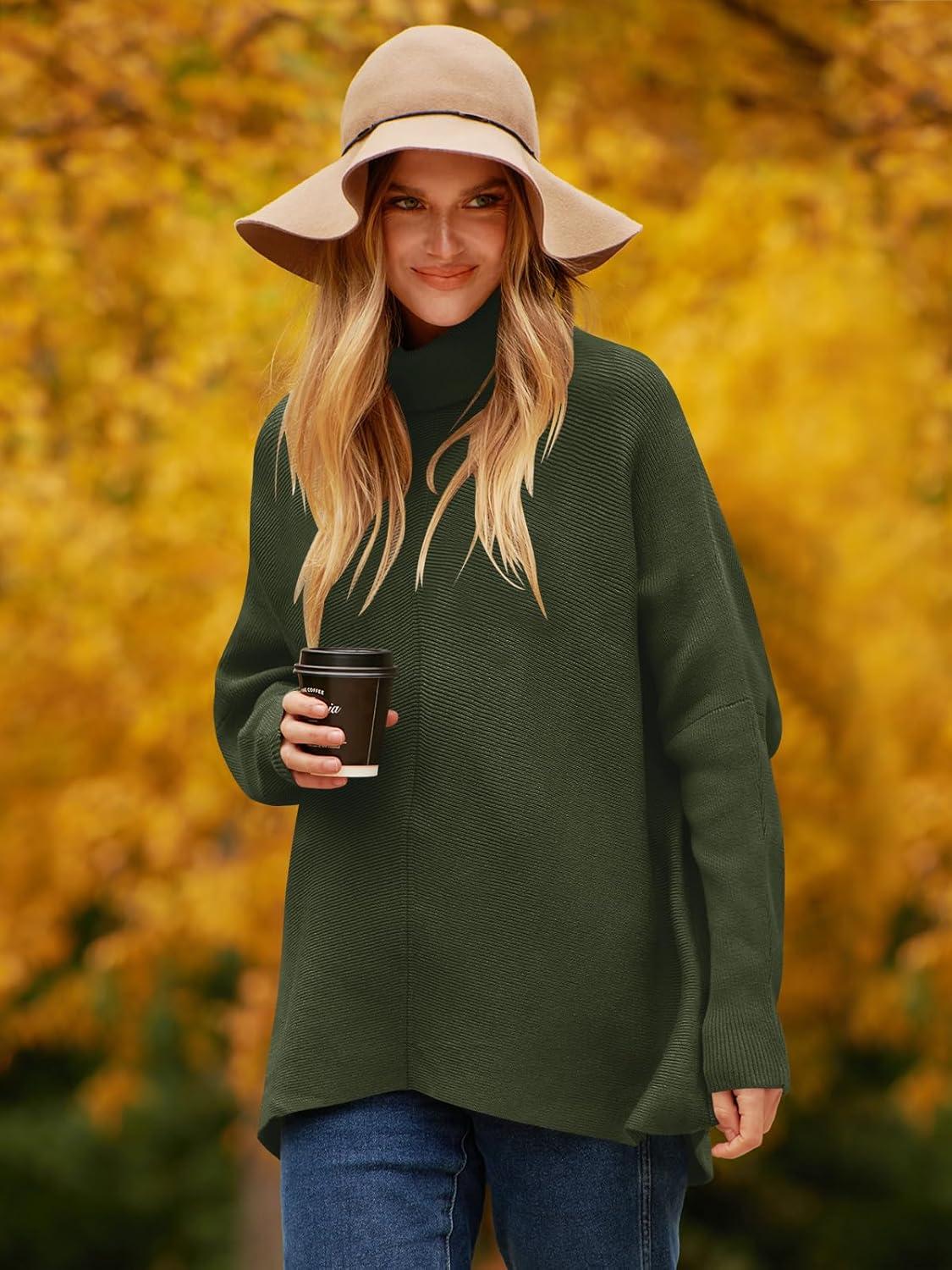 imageANRABESS Womens Oversized Turtleneck Batwing Long Sleeve Casual Cozy Baggy Knit Pullover Tunic Sweater 2025 Fall OutfitsDark Green