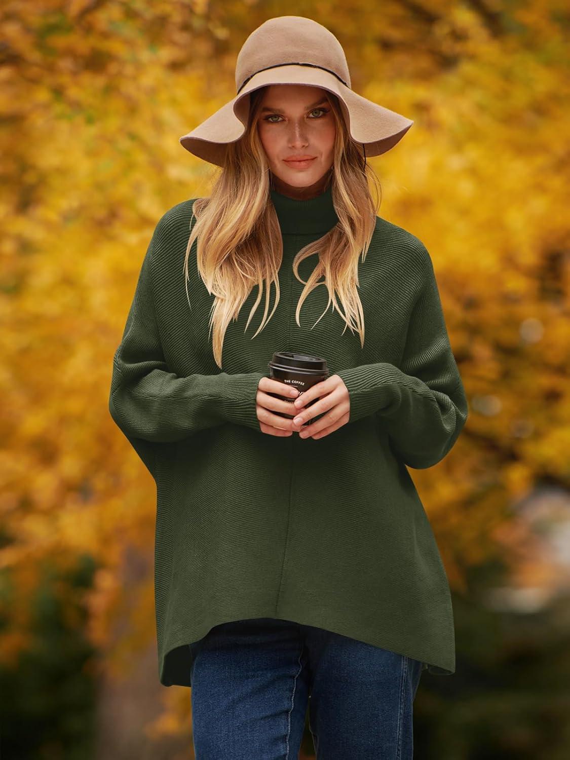 imageANRABESS Womens Oversized Turtleneck Batwing Long Sleeve Casual Cozy Baggy Knit Pullover Tunic Sweater 2025 Fall OutfitsDark Green