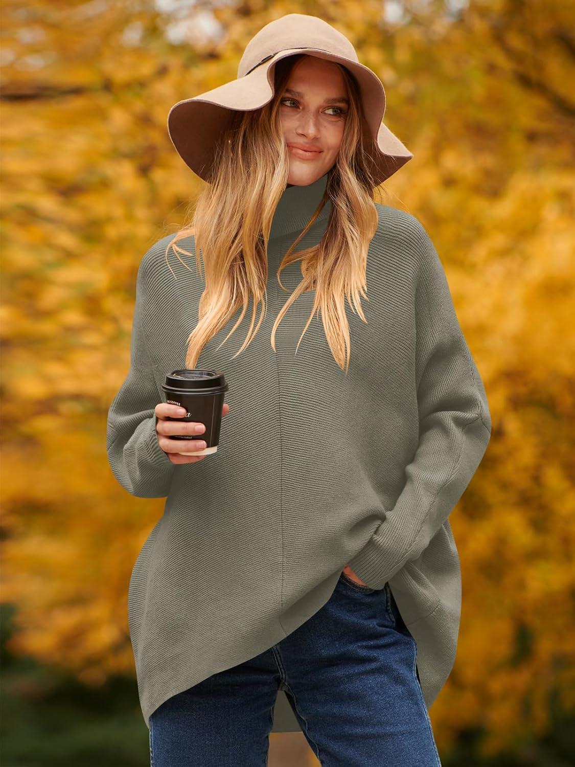 imageANRABESS Womens Oversized Turtleneck Batwing Long Sleeve Casual Cozy Baggy Knit Pullover Tunic Sweater 2025 Fall OutfitsGray Coffee