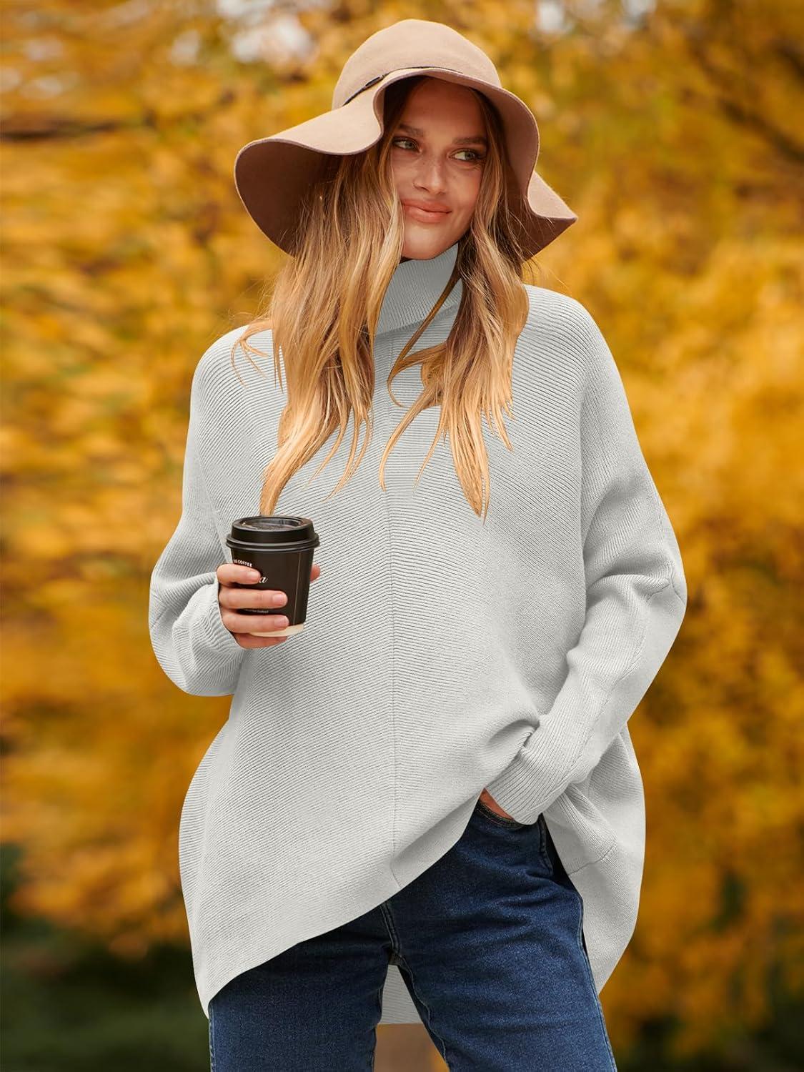 imageANRABESS Womens Oversized Turtleneck Batwing Long Sleeve Casual Cozy Baggy Knit Pullover Tunic Sweater 2025 Fall OutfitsGrey