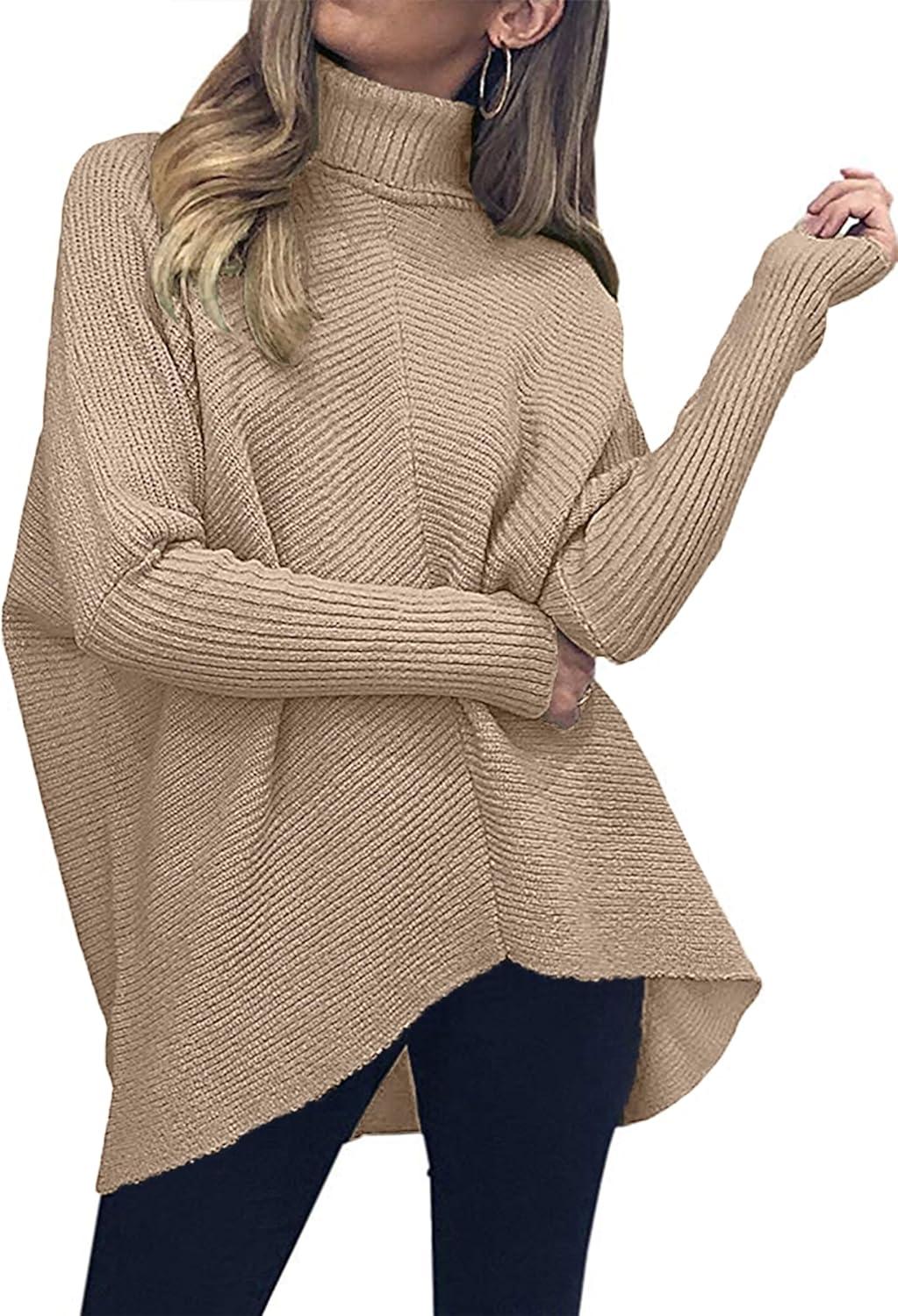 imageANRABESS Womens Oversized Turtleneck Batwing Long Sleeve Casual Cozy Baggy Knit Pullover Tunic Sweater 2025 Fall OutfitsKhaki