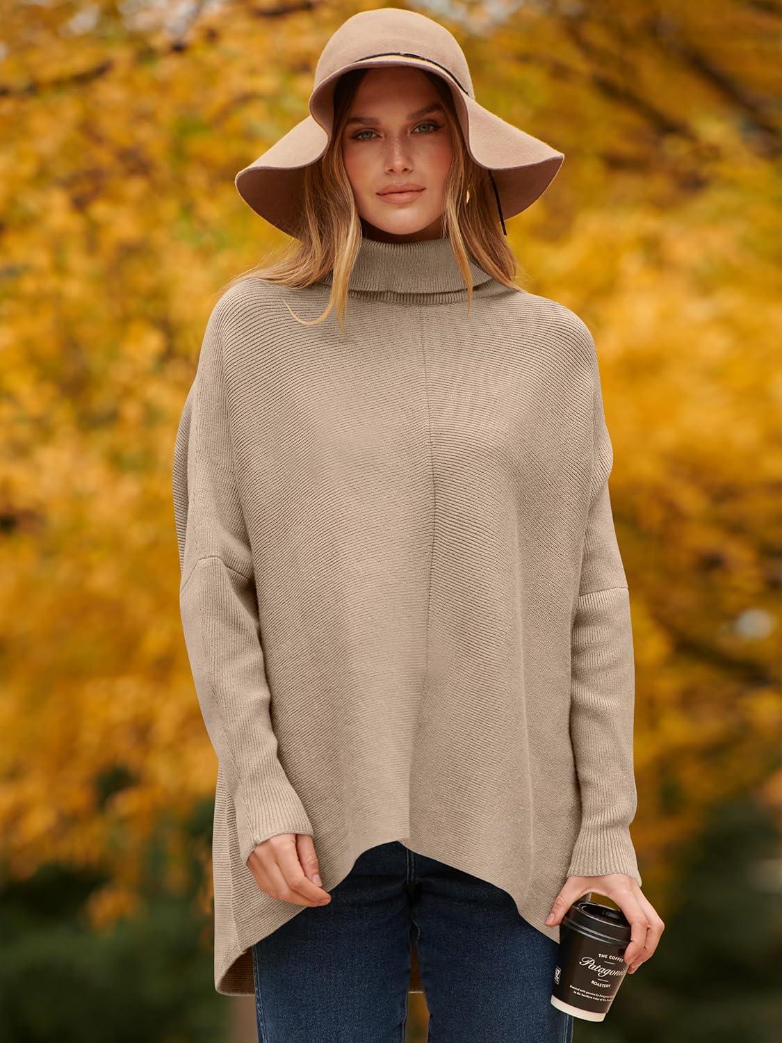 imageANRABESS Womens Oversized Turtleneck Batwing Long Sleeve Casual Cozy Baggy Knit Pullover Tunic Sweater 2025 Fall OutfitsKhaki