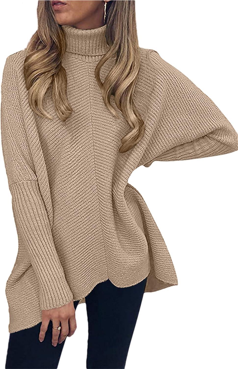 imageANRABESS Womens Oversized Turtleneck Batwing Long Sleeve Casual Cozy Baggy Knit Pullover Tunic Sweater 2025 Fall OutfitsKhaki