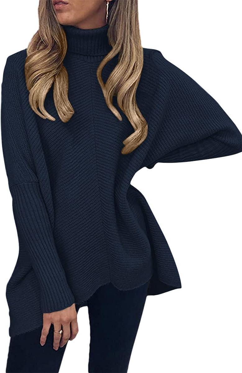 imageANRABESS Womens Oversized Turtleneck Batwing Long Sleeve Casual Cozy Baggy Knit Pullover Tunic Sweater 2025 Fall OutfitsNavy Blue