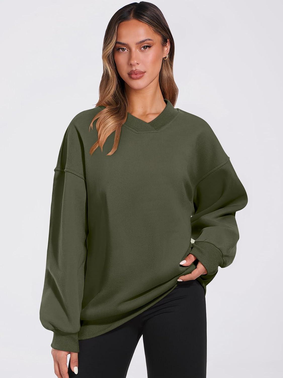 imageANRABESS Womens Oversized V Neck Sweatshirt Fleece Long Sleeve Hoodies Pullover Comfy Top Outfits 2025 Teen Preppy ClothesArmy Green