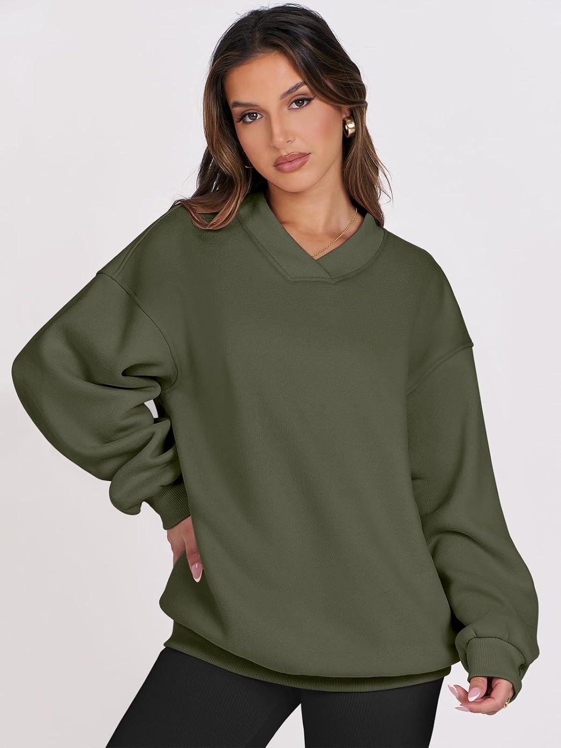 imageANRABESS Womens Oversized V Neck Sweatshirt Fleece Long Sleeve Hoodies Pullover Comfy Top Outfits 2025 Teen Preppy ClothesArmy Green