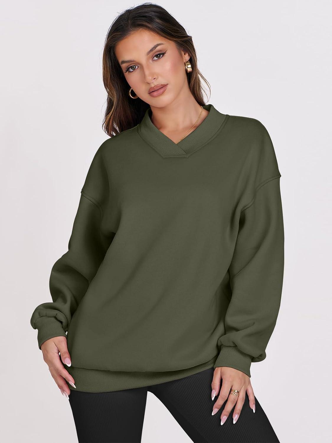 imageANRABESS Womens Oversized V Neck Sweatshirt Fleece Long Sleeve Hoodies Pullover Comfy Top Outfits 2025 Teen Preppy ClothesArmy Green