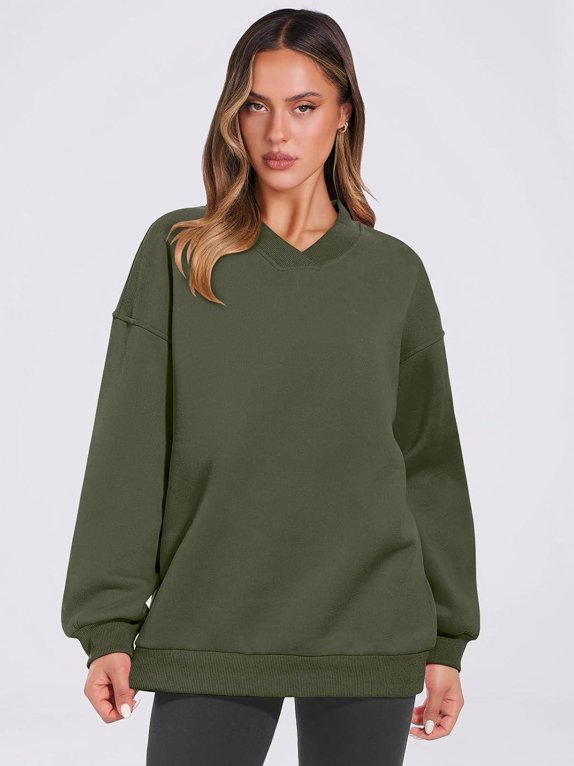imageANRABESS Womens Oversized V Neck Sweatshirt Fleece Long Sleeve Hoodies Pullover Comfy Top Outfits 2025 Teen Preppy ClothesArmy Green