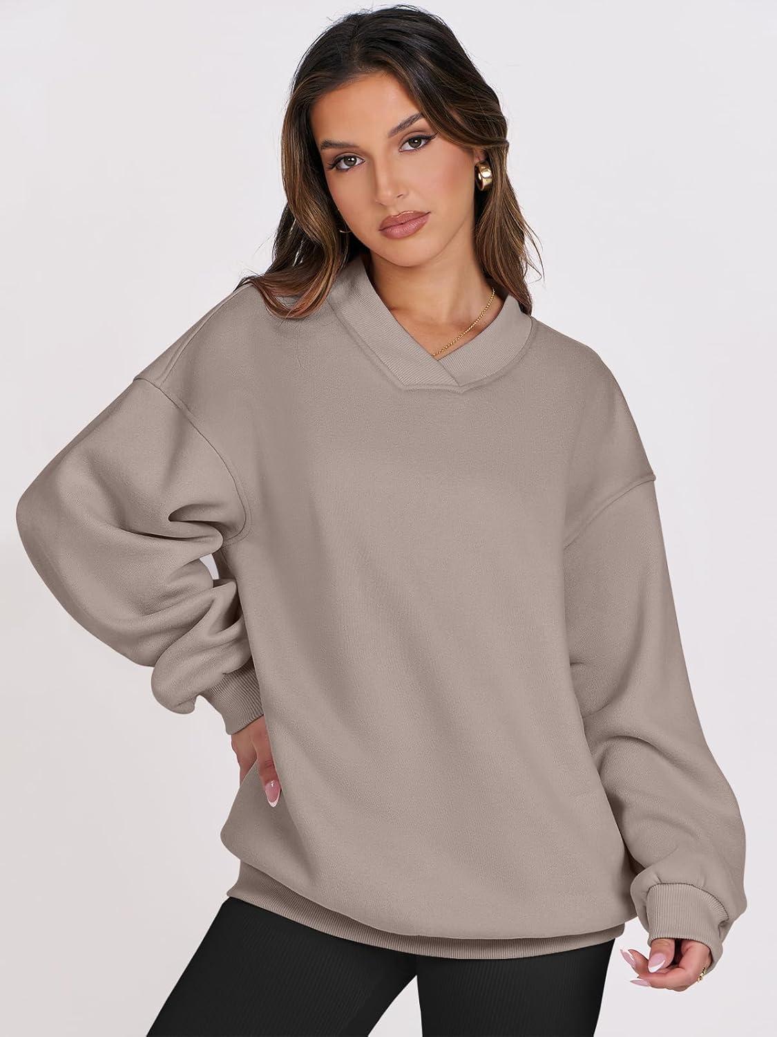 imageANRABESS Womens Oversized V Neck Sweatshirt Fleece Long Sleeve Hoodies Pullover Comfy Top Outfits 2025 Teen Preppy ClothesLight Khaki