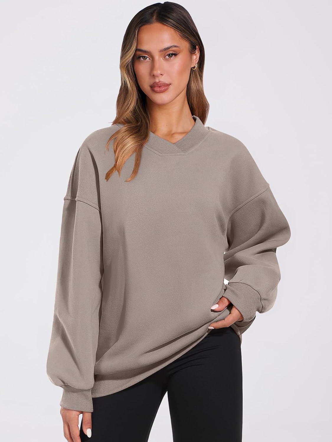 imageANRABESS Womens Oversized V Neck Sweatshirt Fleece Long Sleeve Hoodies Pullover Comfy Top Outfits 2025 Teen Preppy ClothesLight Khaki