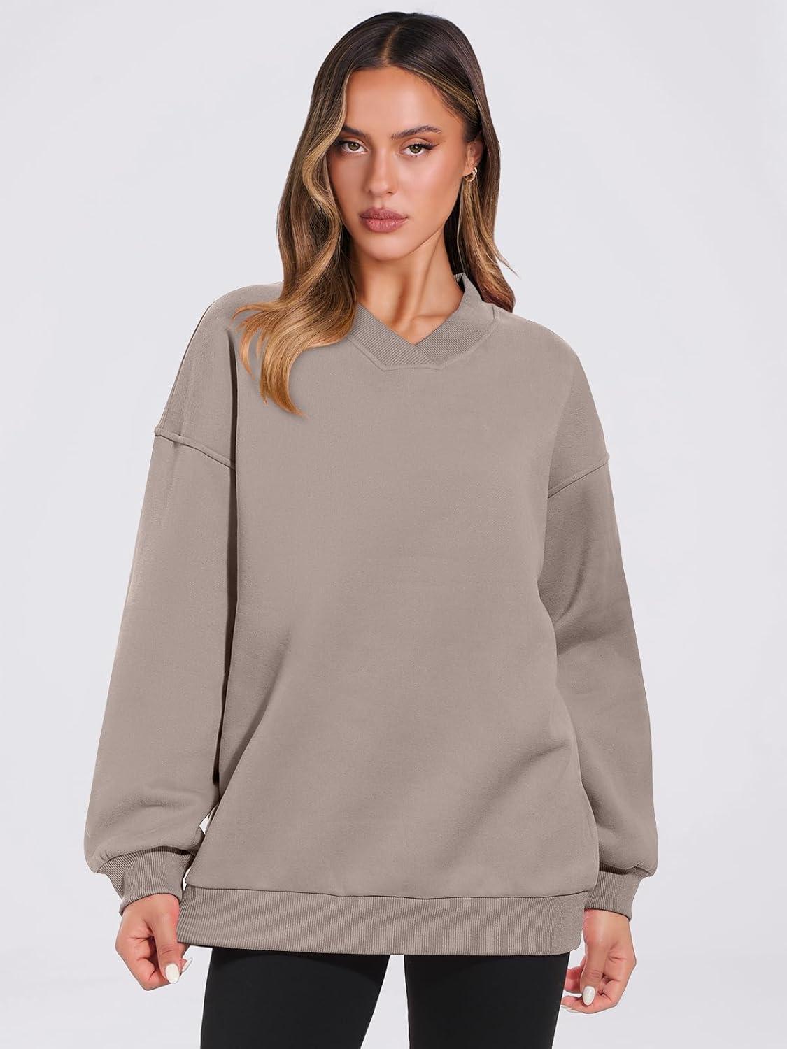 imageANRABESS Womens Oversized V Neck Sweatshirt Fleece Long Sleeve Hoodies Pullover Comfy Top Outfits 2025 Teen Preppy ClothesLight Khaki
