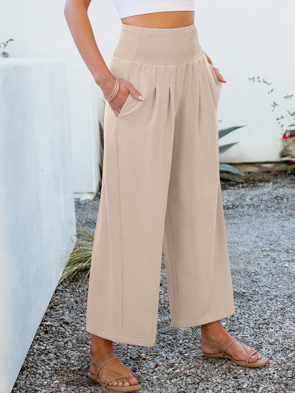 imageANRABESS Womens Pants Wide Leg High Waisted Palazzo Pants Summer Flowy Beach Lounge Casual Trousers with PocketsAlmond