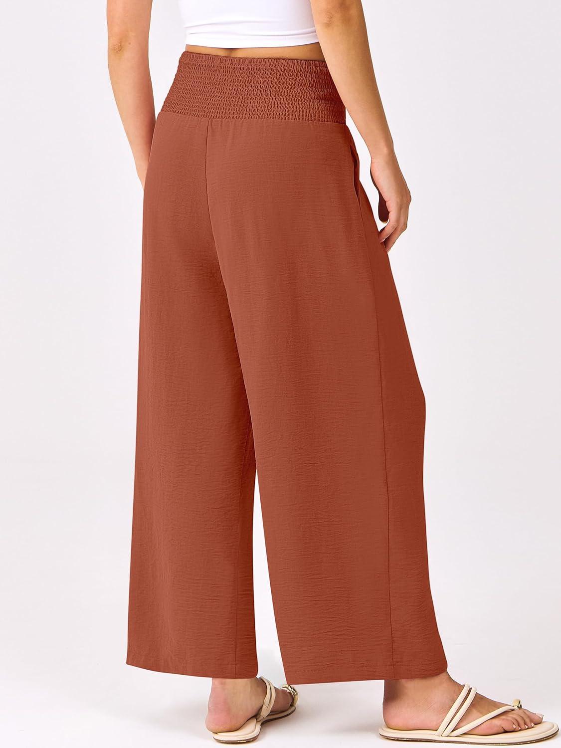 imageANRABESS Womens Pants Wide Leg High Waisted Palazzo Pants Summer Flowy Beach Lounge Casual Trousers with PocketsBrick Red