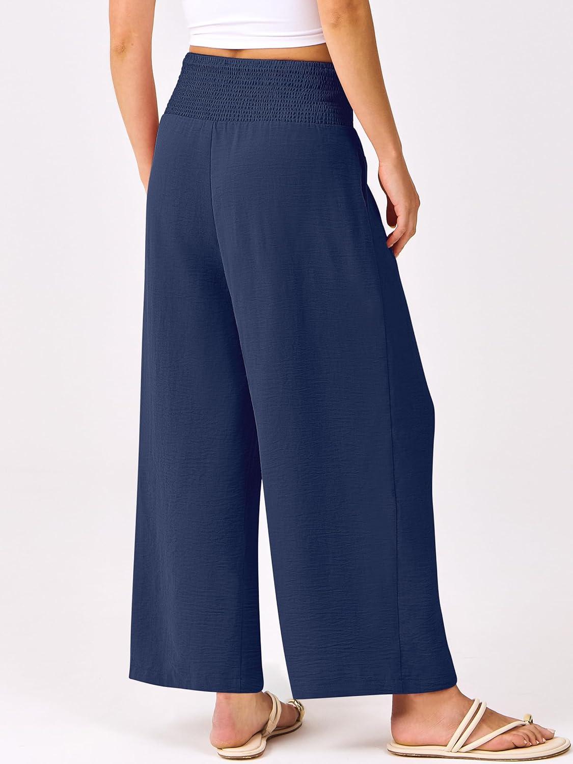 imageANRABESS Womens Pants Wide Leg High Waisted Palazzo Pants Summer Flowy Beach Lounge Casual Trousers with PocketsNavy Blue