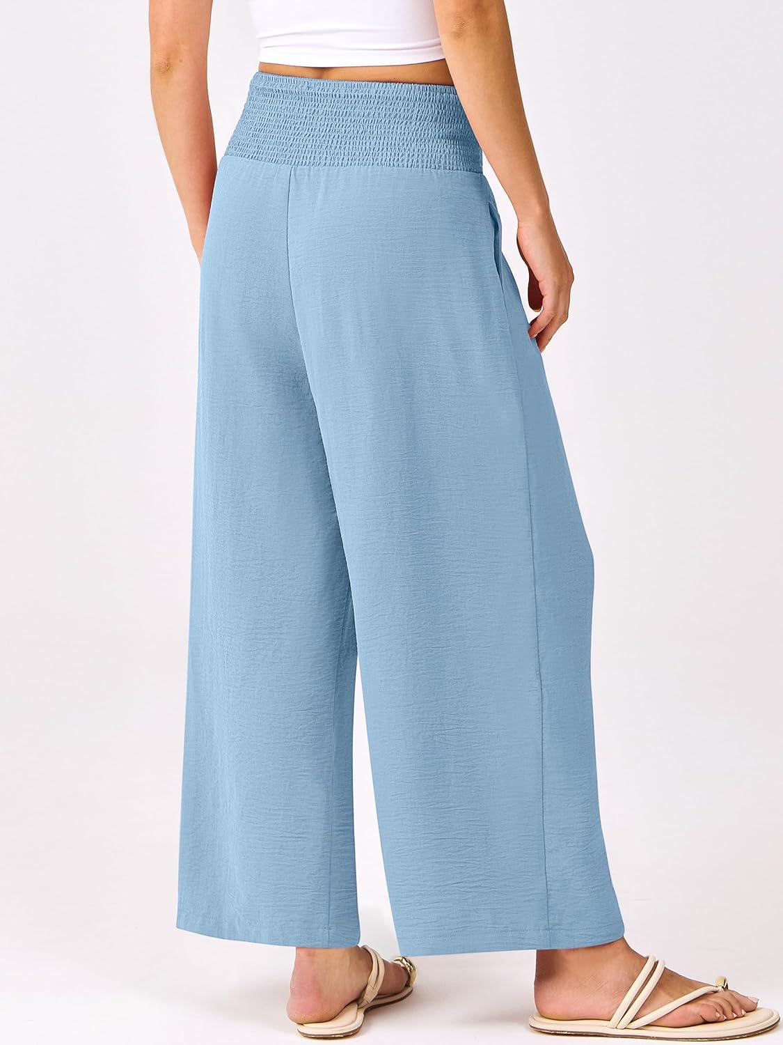imageANRABESS Womens Pants Wide Leg High Waisted Palazzo Pants Summer Flowy Beach Lounge Casual Trousers with PocketsSky
