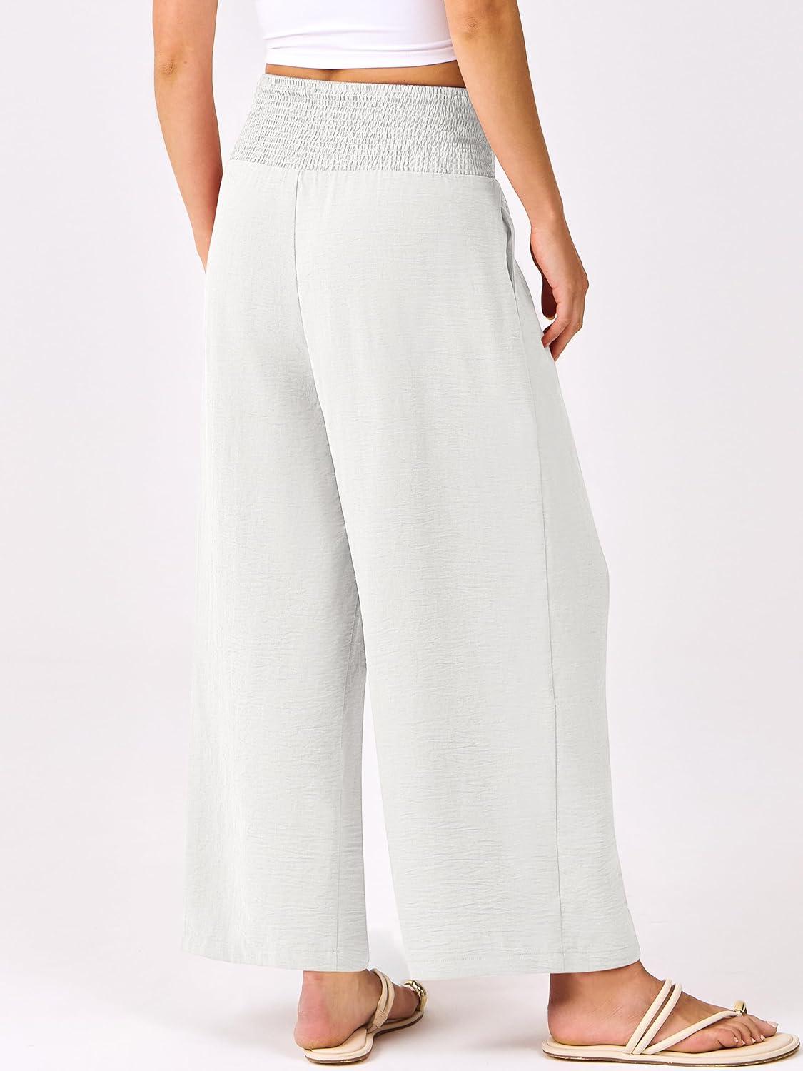 imageANRABESS Womens Pants Wide Leg High Waisted Palazzo Pants Summer Flowy Beach Lounge Casual Trousers with PocketsWhite