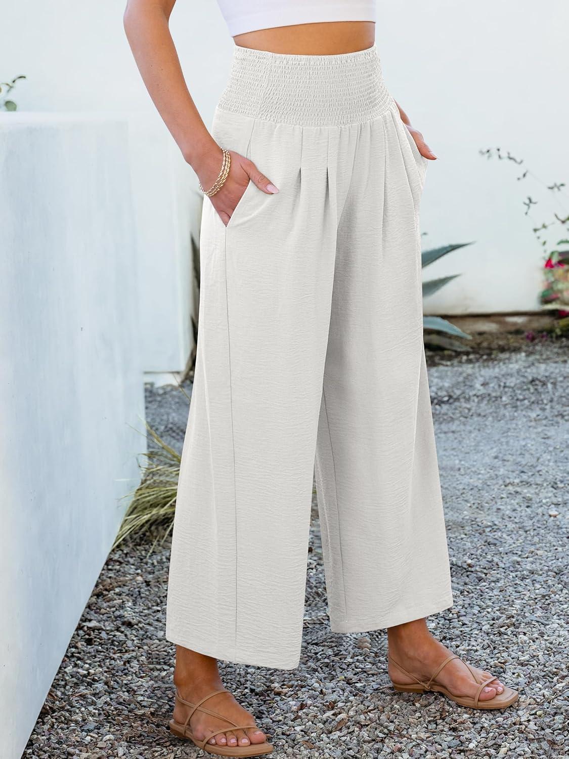 imageANRABESS Womens Pants Wide Leg High Waisted Palazzo Pants Summer Flowy Beach Lounge Casual Trousers with PocketsWhite
