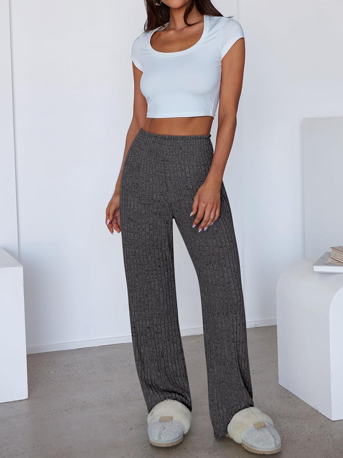 imageANRABESS Womens Ribbed Knit Lounge Pajama Pants Casual Elastic High Waist Loose Wide Leg Pants 2025 Fall Comfy PJ BottomsDark Grey