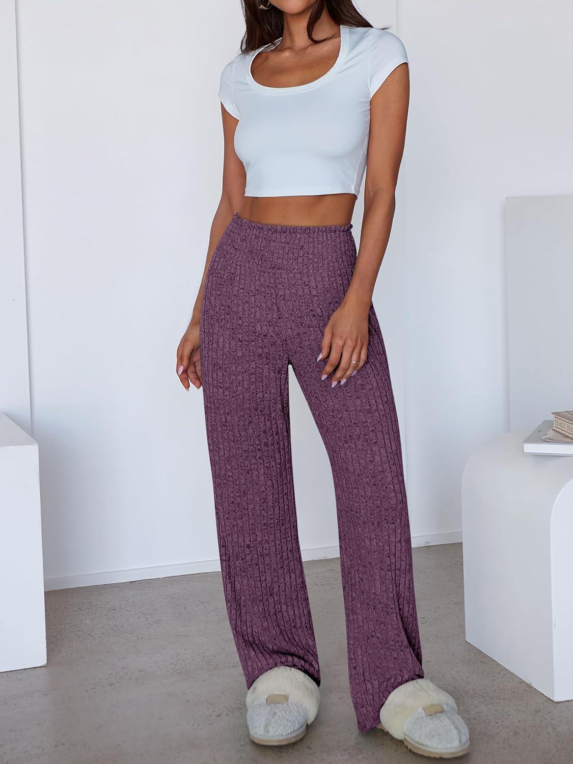 imageANRABESS Womens Ribbed Knit Lounge Pajama Pants Casual Elastic High Waist Loose Wide Leg Pants 2025 Fall Comfy PJ BottomsDark Purple