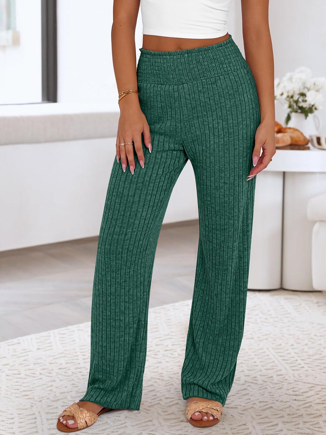 imageANRABESS Womens Ribbed Knit Lounge Pajama Pants Casual Elastic High Waist Loose Wide Leg Pants 2025 Fall Comfy PJ BottomsGreen