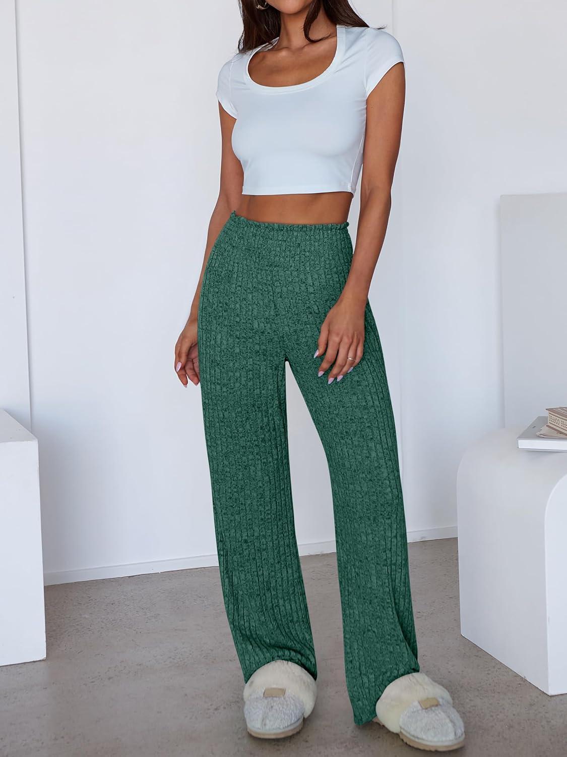 imageANRABESS Womens Ribbed Knit Lounge Pajama Pants Casual Elastic High Waist Loose Wide Leg Pants 2025 Fall Comfy PJ BottomsGreen