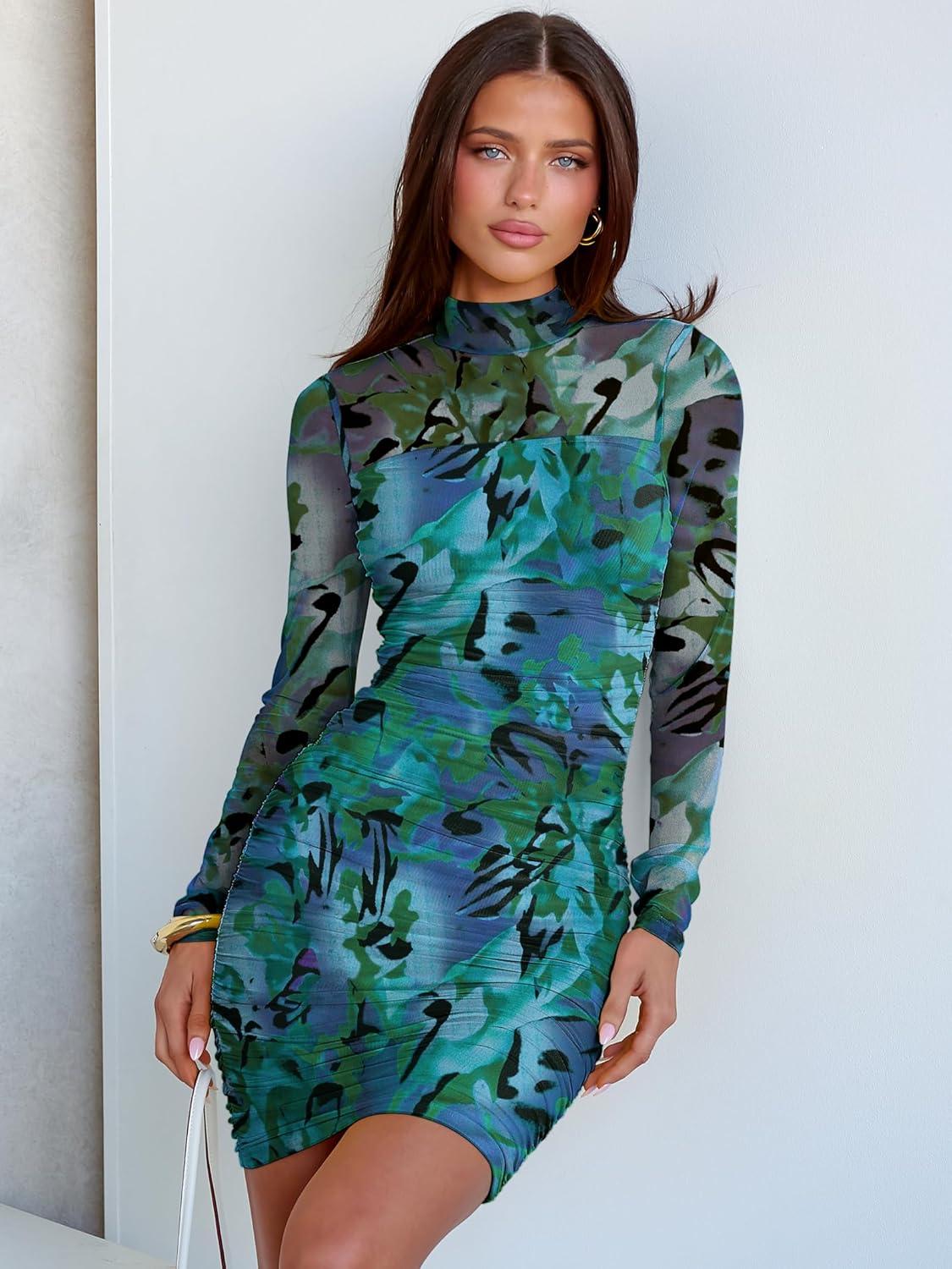 imageANRABESS Womens Sexy Bodycon Mesh Ruched Mini Dresses Mock Neck Slim Fall Long Sleeve Cocktail Party Going Out Short DressGreen Floral