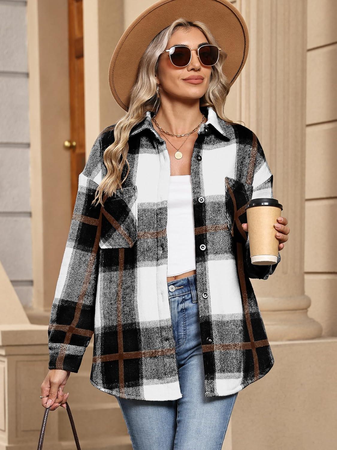 imageANRABESS Womens Sherpa Fleece Lined Flannel Plaid Shirt Jackets Fuzzy Warm Button Down Shacket with Pockets 2025 Fall OutfitsBlack Brown Plaid
