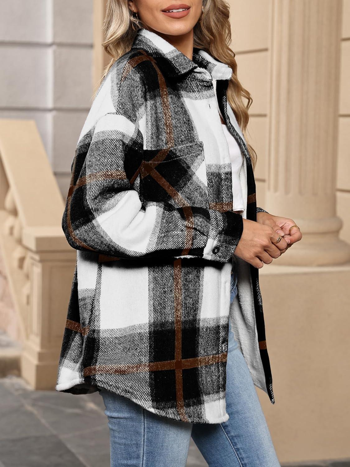 imageANRABESS Womens Sherpa Fleece Lined Flannel Plaid Shirt Jackets Fuzzy Warm Button Down Shacket with Pockets 2025 Fall OutfitsBlack Brown Plaid