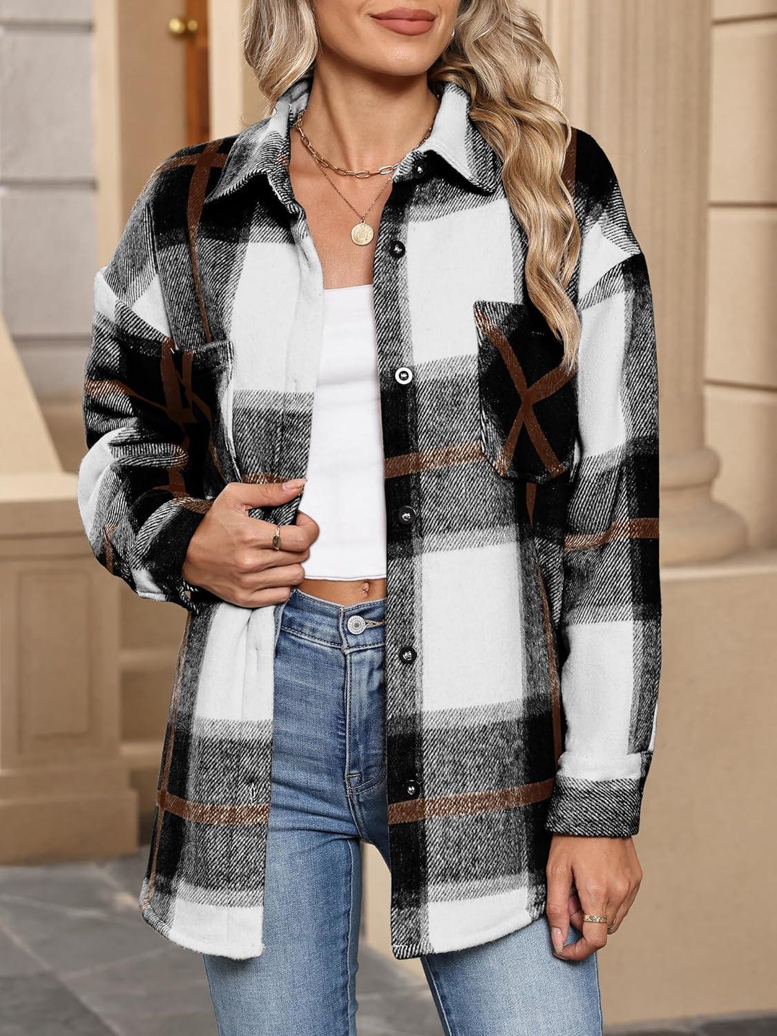 imageANRABESS Womens Sherpa Fleece Lined Flannel Plaid Shirt Jackets Fuzzy Warm Button Down Shacket with Pockets 2025 Fall OutfitsBlack Brown Plaid