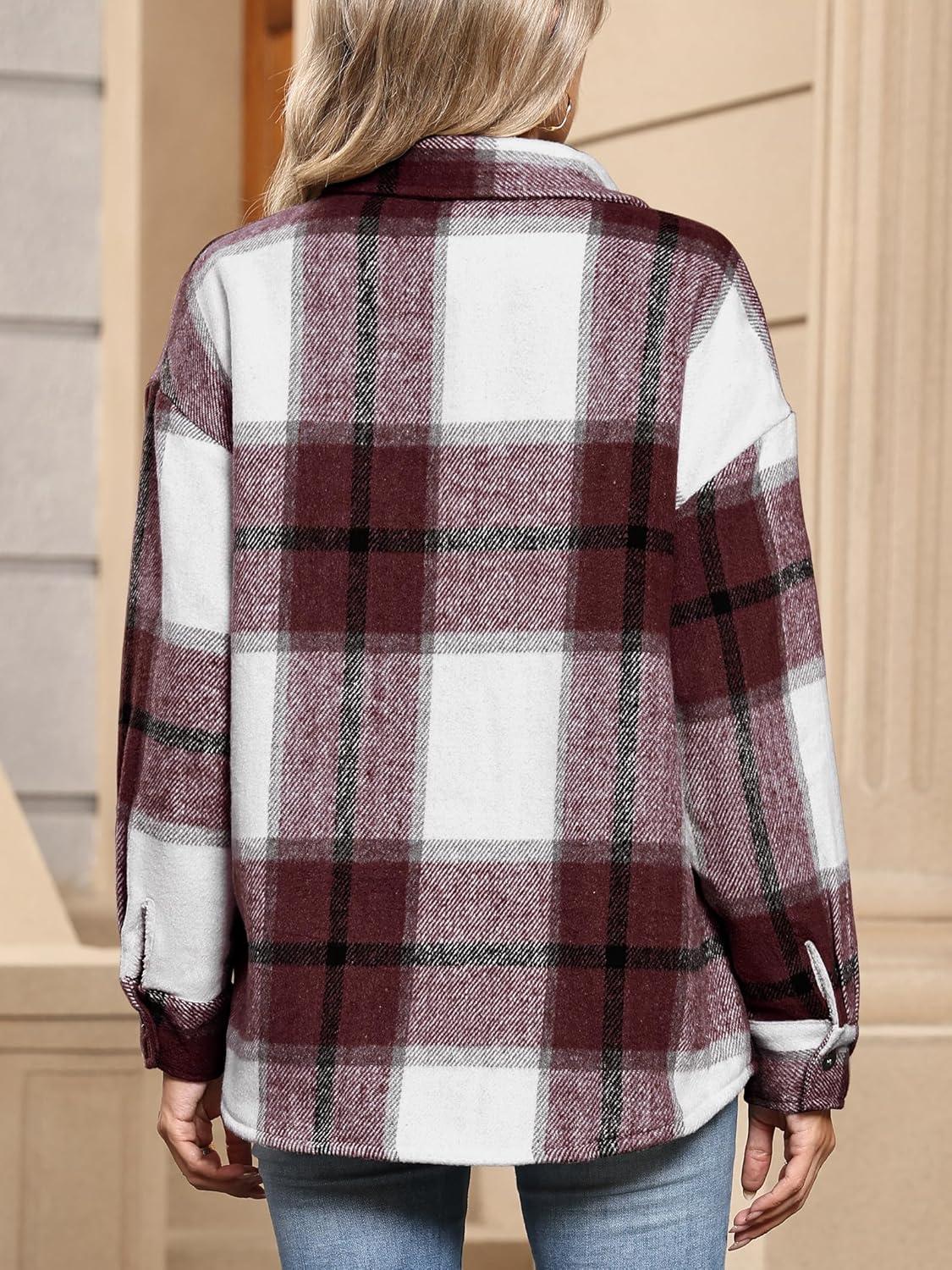 imageANRABESS Womens Sherpa Fleece Lined Flannel Plaid Shirt Jackets Fuzzy Warm Button Down Shacket with Pockets 2025 Fall OutfitsBurgundy Plaid