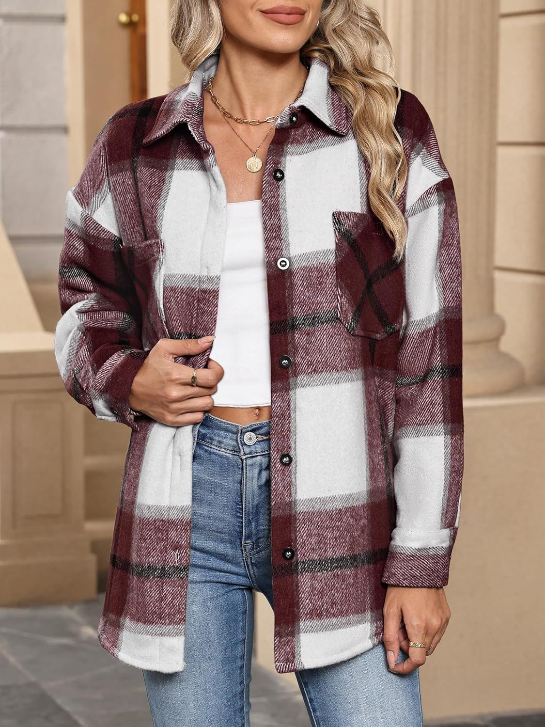 imageANRABESS Womens Sherpa Fleece Lined Flannel Plaid Shirt Jackets Fuzzy Warm Button Down Shacket with Pockets 2025 Fall OutfitsBurgundy Plaid