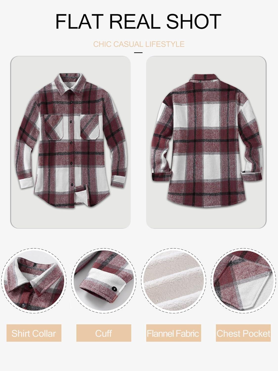 imageANRABESS Womens Sherpa Fleece Lined Flannel Plaid Shirt Jackets Fuzzy Warm Button Down Shacket with Pockets 2025 Fall OutfitsBurgundy Plaid