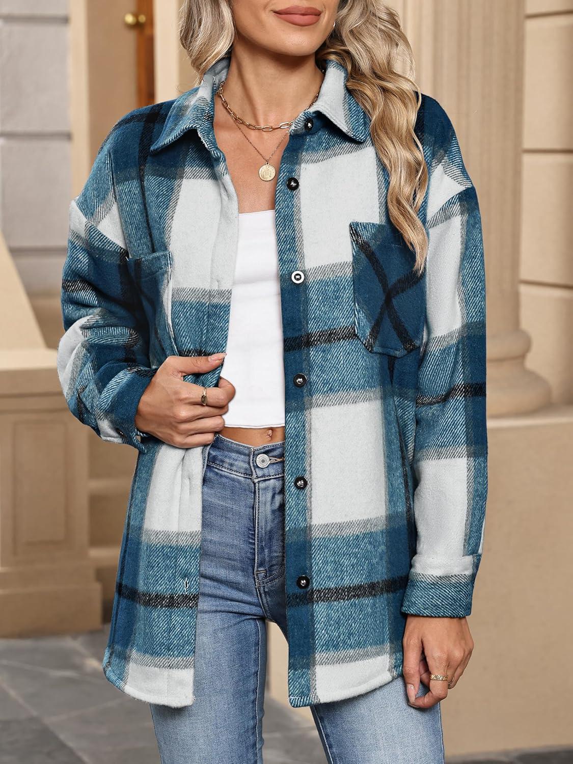 imageANRABESS Womens Sherpa Fleece Lined Flannel Plaid Shirt Jackets Fuzzy Warm Button Down Shacket with Pockets 2025 Fall OutfitsDark Blue Plaid